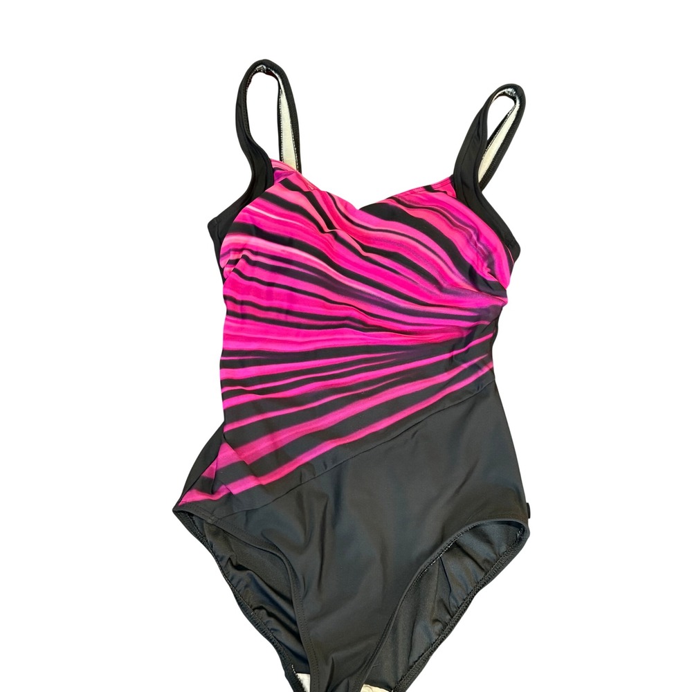Pink and Black Striped One Piece Swimsuit Ruched Padded Women Size 10